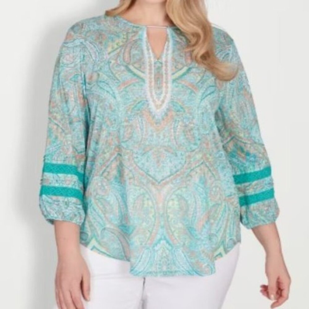 Larky Lark Paisley Print Top Shirt Womens 1X Green New Bohemian